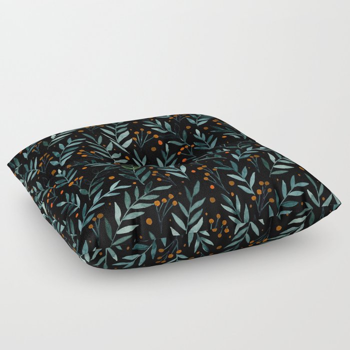 Festive watercolor branches - black, teal and orange Floor Pillow