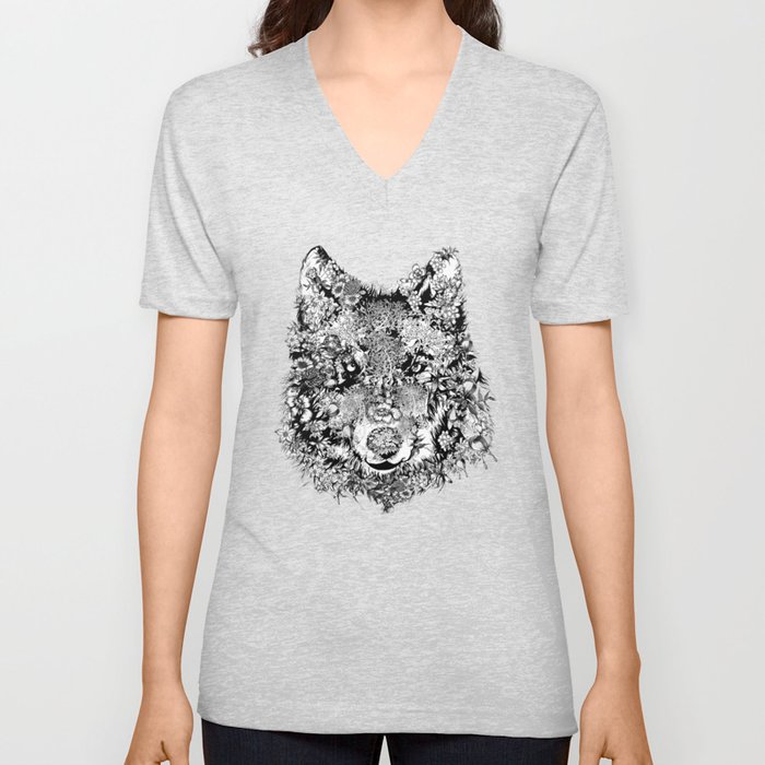 floral animals -black and white wolf V Neck T Shirt