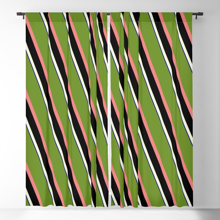 Eyecatching Green, Light Coral, Black, Beige, and Dark Blue Colored Lined/Striped Pattern Blackout Curtain