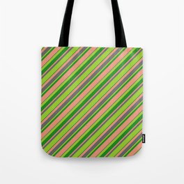 [ Thumbnail: Green, Forest Green, Dark Salmon, and Dim Gray Colored Striped/Lined Pattern Tote Bag ]