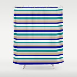 [ Thumbnail: Colorful Teal, Light Gray, Tan, Dark Blue, and Mint Cream Colored Striped/Lined Pattern Shower Curtain ]