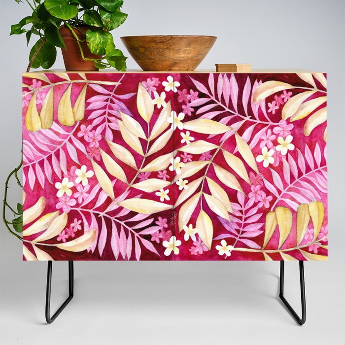 Watercolor Leaves and Flowers - Champagne & Rose Credenza