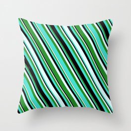 [ Thumbnail: Turquoise, Black, Light Cyan, and Forest Green Colored Stripes Pattern Throw Pillow ]