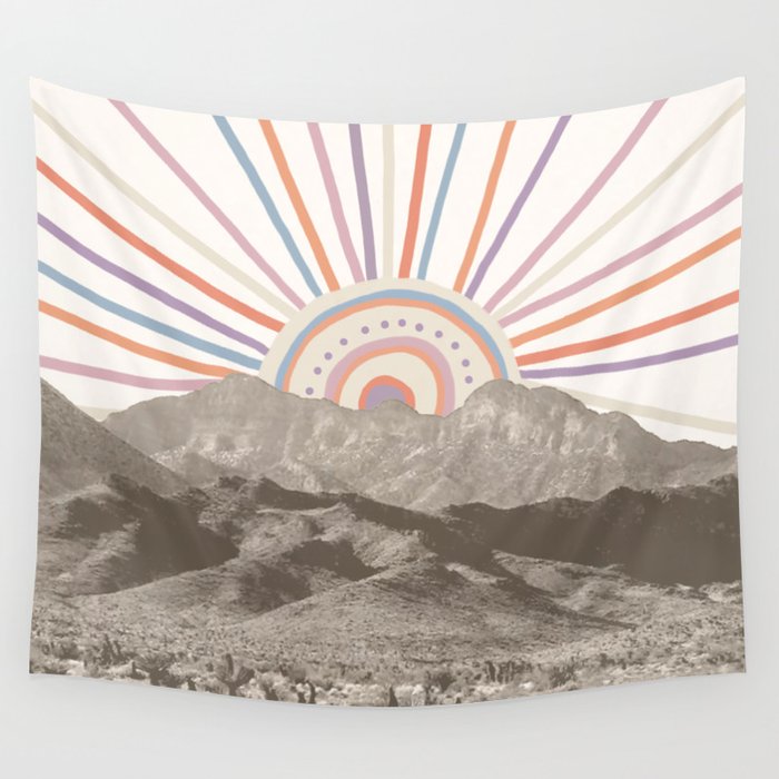 Bohemian Tribal Sun / Abstract Vintage Mountain Happy Summer Vibes Retro Colorful Pastel Sky Artwork Wall Tapestry