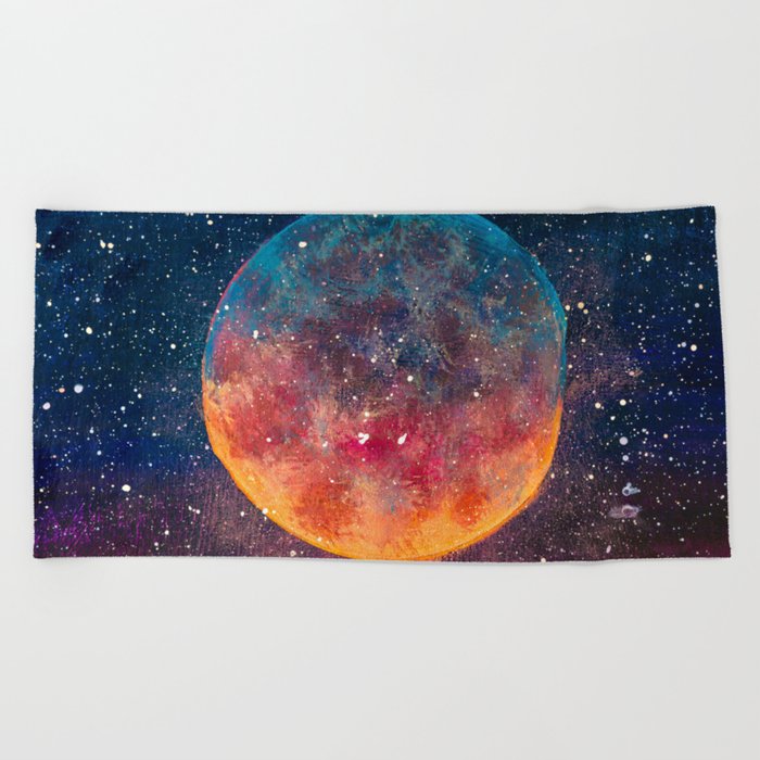 Fantastic oil painting beautiful big planet moon among stars in universe. Fantasy concept cosmos fine art paintingartwork illustration Beach Towel