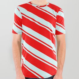 [ Thumbnail: Light Cyan and Red Colored Lined/Striped Pattern All Over Graphic Tee ]