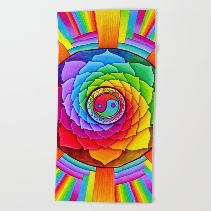 Healing Lotus Rainbow Yin Yang Mandala Beach Towel By