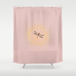 Sketched Dragonfly and Gold Circle Frame on Pastel Pink Shower Curtain
