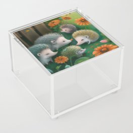 Whimsical Hedgehog Family Reunion in Country Garden Acrylic Box