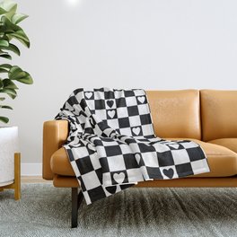 Checkered hearts black and white Throw Blanket