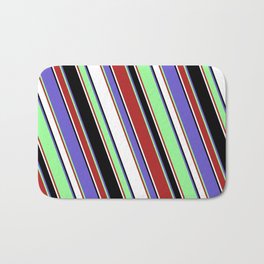 [ Thumbnail: Vibrant Green, Red, White, Black & Slate Blue Colored Lined Pattern Bath Mat ]