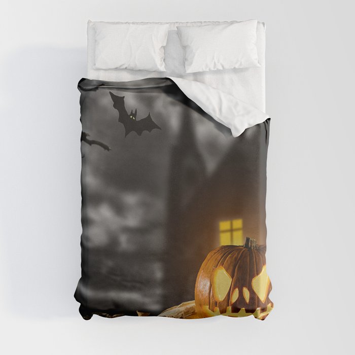 Scary Halloween Pumpkin with Horror Background Duvet Cover