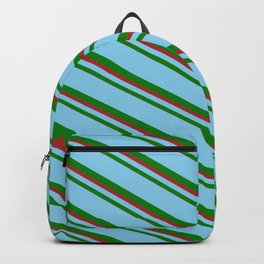 [ Thumbnail: Sky Blue, Green, and Brown Colored Lines/Stripes Pattern Backpack ]