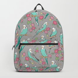 Budgie Birds With Blossom Flowers on Grey Backpack
