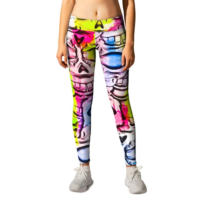 skull art portrait pattern with painting abstract in yellow blue pink Leggings