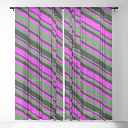 [ Thumbnail: Fuchsia, Forest Green & Black Colored Lines/Stripes Pattern Sheer Curtain ]