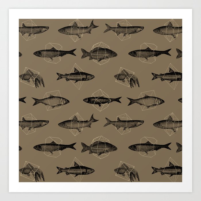 Fishes In Geometrics (Dark Sand) Art Print