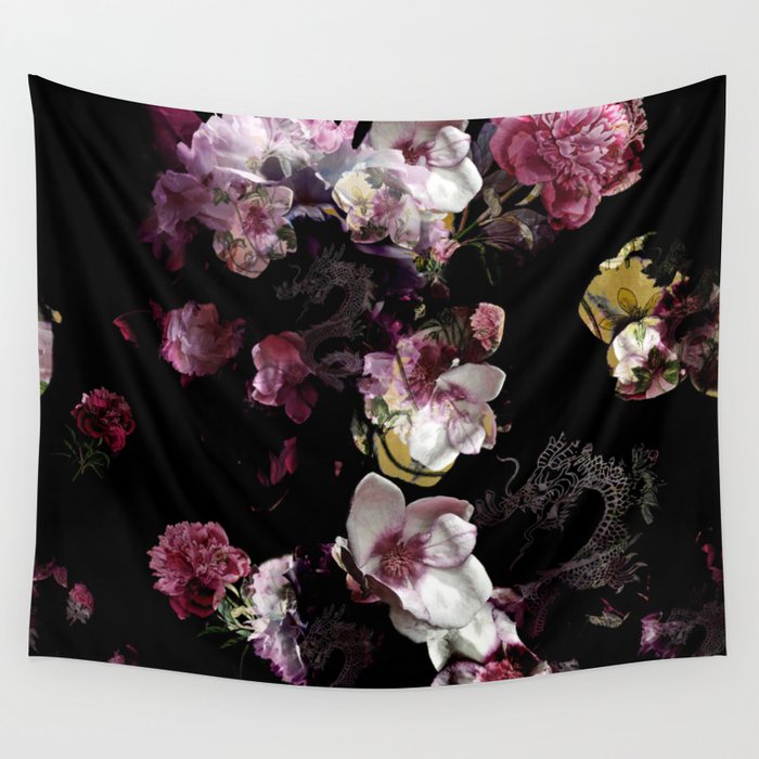 Peony magnolia chinese dragon Wall Tapestry