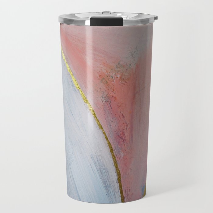 Bliss: A pretty, minimal, abstract mixed-media piece in pink white and gold by Alyssa Hamilton Art Travel Mug
