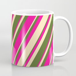 [ Thumbnail: Dark Olive Green, Deep Pink, and Beige Colored Stripes/Lines Pattern Coffee Mug ]