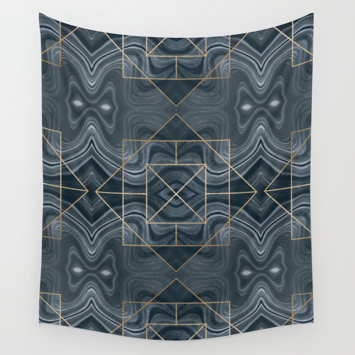Gemstone Marble Meets Art Deco  Blue Grey Gold Wall Tapestry