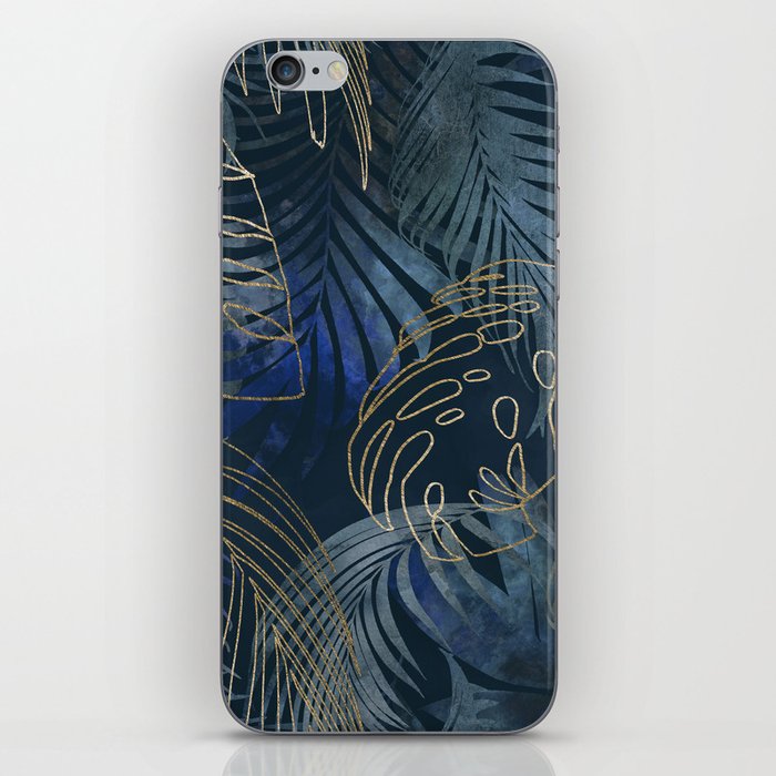 Mystic Jungle Monstera And Palm Leaves Blue And Gold iPhone Skin