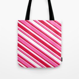 [ Thumbnail: Crimson, White & Hot Pink Colored Striped/Lined Pattern Tote Bag ]