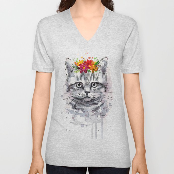 Cat with Flowers V Neck T Shirt