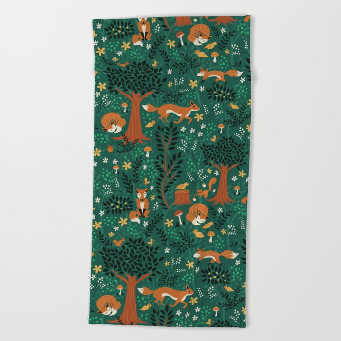 Foxes Playing in the Emerald Forest Beach Towel