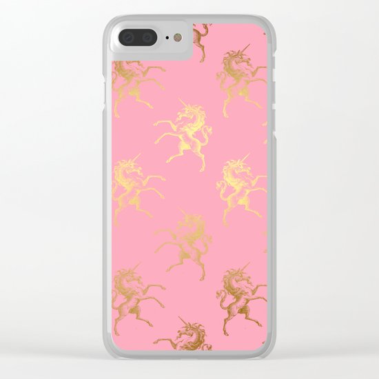 Gold elegant Unicorns on pink pattern Clear iPhone Case