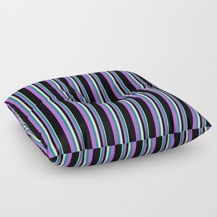 Bisque, Dark Cyan, Orchid & Black Colored Lined Pattern Floor Pillow