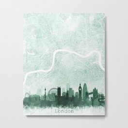 London Skyline & Map Watercolor Sage Green by Zouzounio Art Metal Print