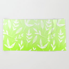 White Leaves on a Green Background Pattern Beach Towel