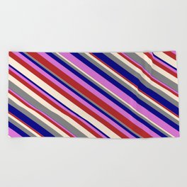 [ Thumbnail: Vibrant Orchid, Red, Beige, Grey, and Blue Colored Lines/Stripes Pattern Beach Towel ]