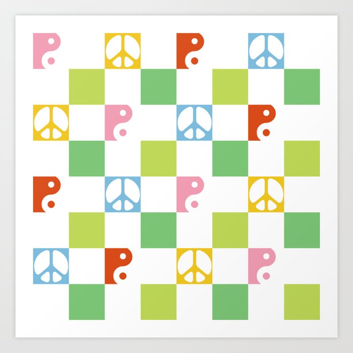Checkered Peace Symbol & Yin Yang Pattern \\ Funky Multicolor Art Print