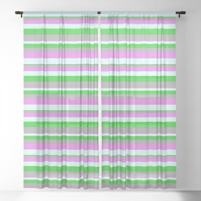 Violet, Light Cyan, Lime Green, and Dark Grey Colored Lines/Stripes Pattern Sheer Curtain