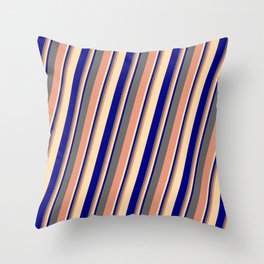 [ Thumbnail: Dim Gray, Dark Salmon, Tan & Blue Colored Lined/Striped Pattern Throw Pillow ]