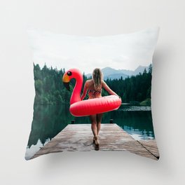 Blonde Girl Lake Forest Pink Flamingo Float Throw Pillow
