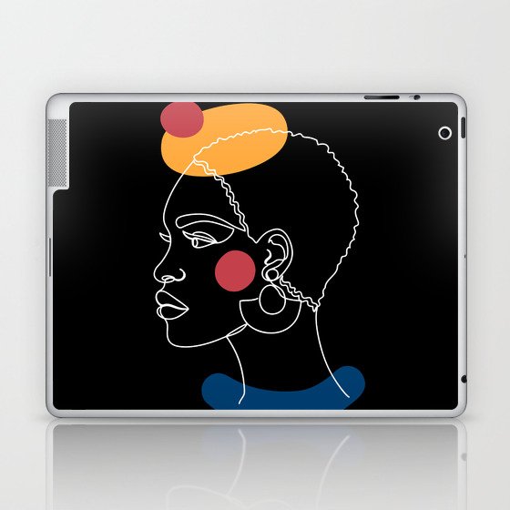 African woman in a line art style with abstract shapes on a black background. Laptop & iPad Skin