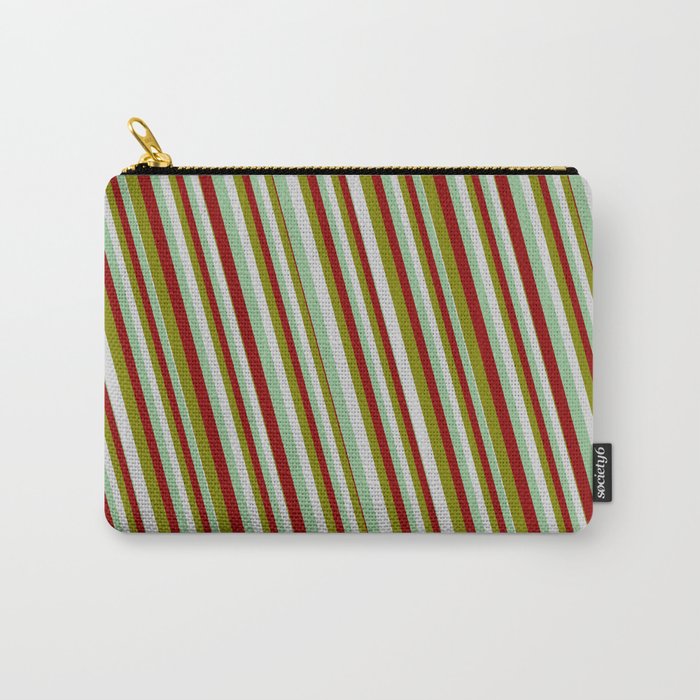 Green, Light Gray, Dark Sea Green & Dark Red Colored Lines Pattern Carry-All Pouch
