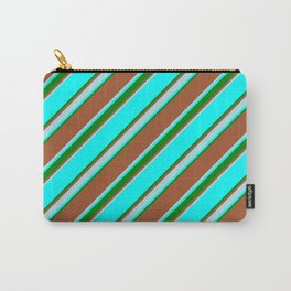 [ Thumbnail: Sienna, Powder Blue, Aqua & Green Colored Stripes Pattern Carry-All Pouch ]