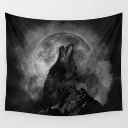 Black Wolf Howling Black & White Wall Tapestry