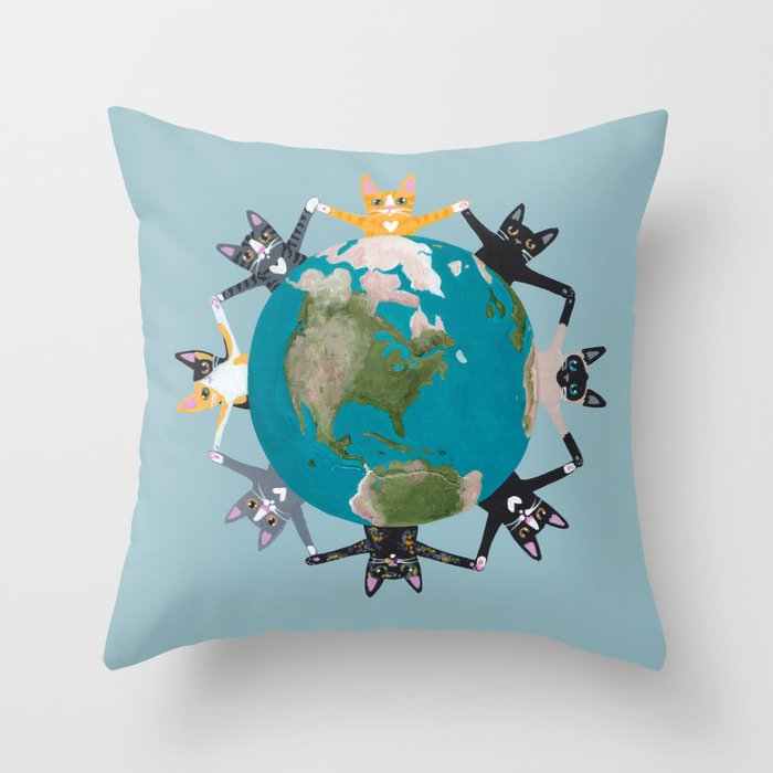 Cats Love the Earth Throw Pillow