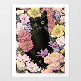 Little Black Garden Cat in Colour Art Print