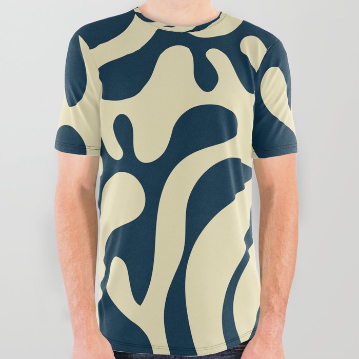 Mid Century Modern Curl Lines Pattern - Blue and Yellow All Over Graphic Tee