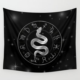 Zodiac symbols astrology signs with mystic serpentine in silver Wall Tapestry