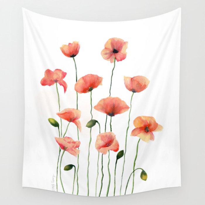 Poppies Watercolor White Background  Wall Tapestry