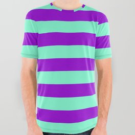 [ Thumbnail: Aquamarine and Dark Violet Colored Striped Pattern All Over Graphic Tee ]