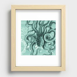 Octopus Green Monochrome Vintage Map Watercolor Nautical Recessed Framed Print