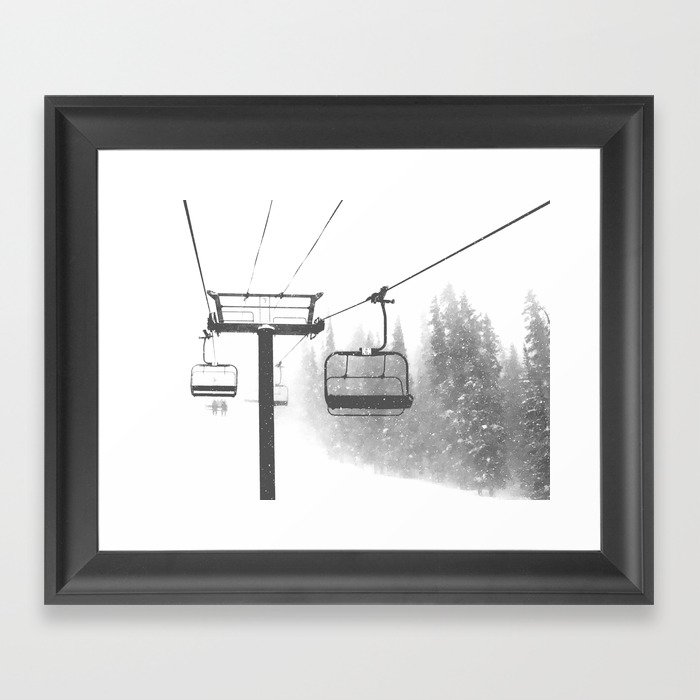 Chairlift Abyss // Black and White Chair Lift Ride to the Top Colorado Mountain Artwork Framed Art Print